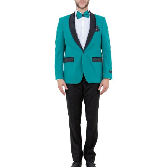 Teal Velvet Satin Shawl Collar Slim Fit Men's Jacket